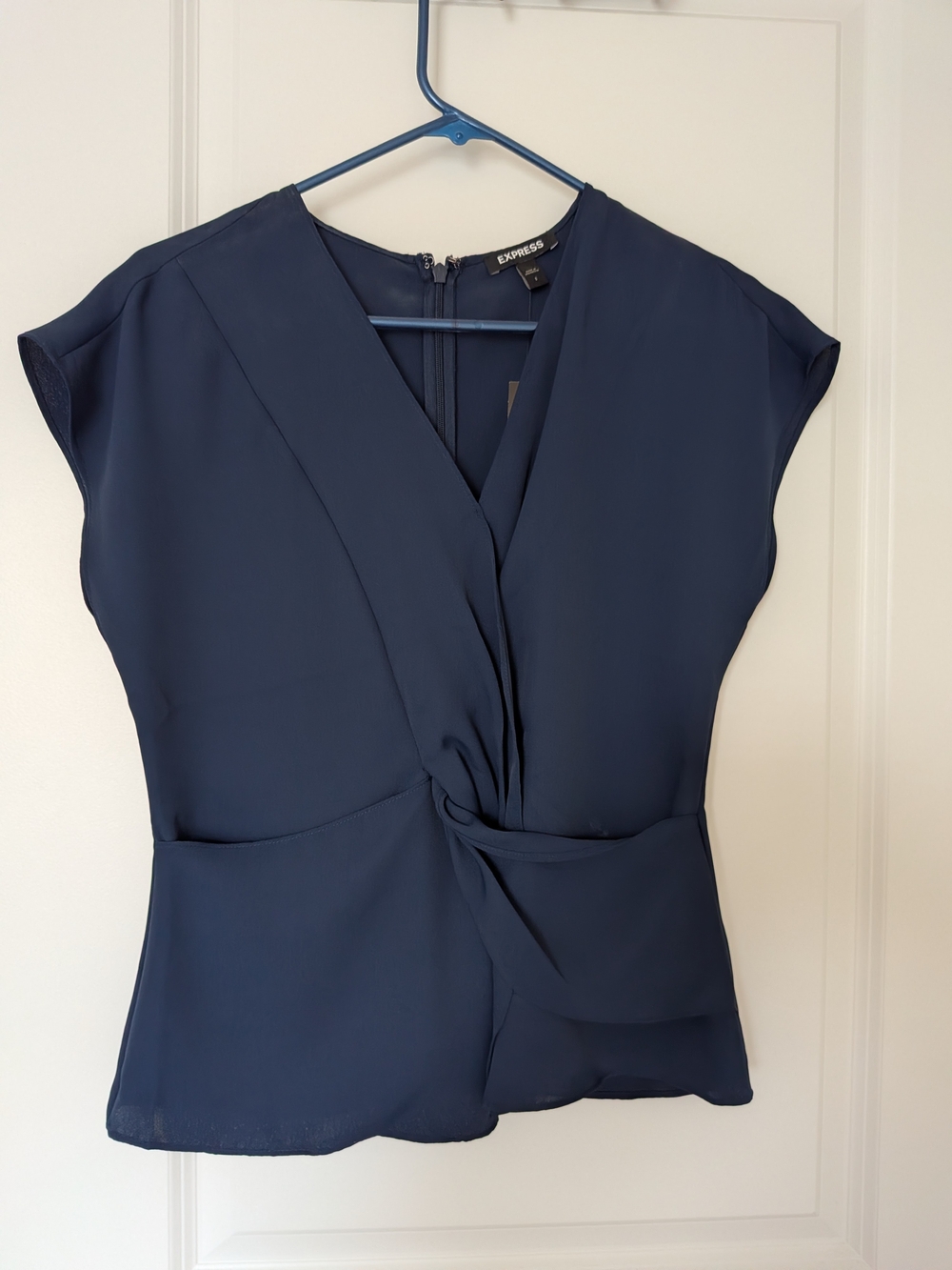 Express Navy Twist-Front V-Neck Cap Sleeve Blouse